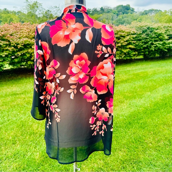 Susan Graver Kimono Black Chiffon Open Front Floral Print - Picture 10 of 16